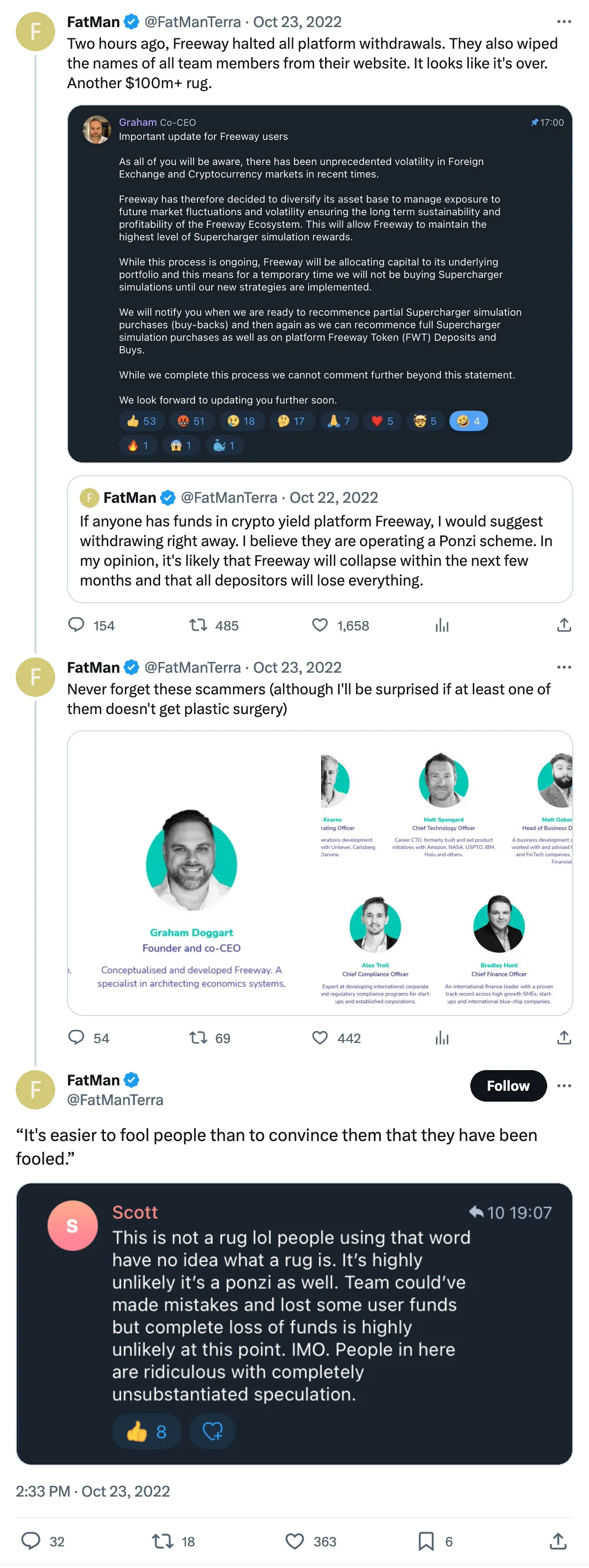 Two hours ago, Freeway halted all platform withdrawals. They also wiped the names of all team members from their website. It looks like it's over. Another $100m+ rug. 
Tweeted at Oct 22, 2022

Never forget these scammers (although I'll be surprised if at least one of them doesn't get plastic surgery) 
Tweeted at Oct 23, 2022

“It's easier to fool people than to convince them that they have been fooled.” 
Tweeted at Oct 23, 2022