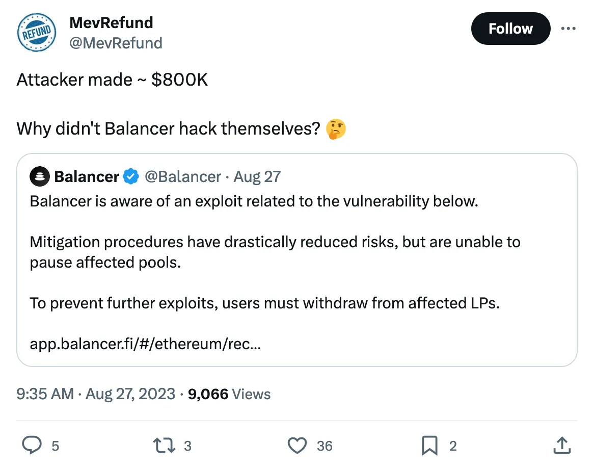Attacker made ~ $800K

Why didn't Balancer hack themselves?  
Tweeted at Aug 27