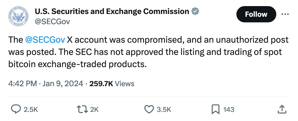 The 
@SECGov
 X account was compromised, and an unauthorized post was posted. The SEC has not approved the listing and trading of spot bitcoin exchange-traded products. 
Tweeted at 4:42 PM · Jan 9, 2024