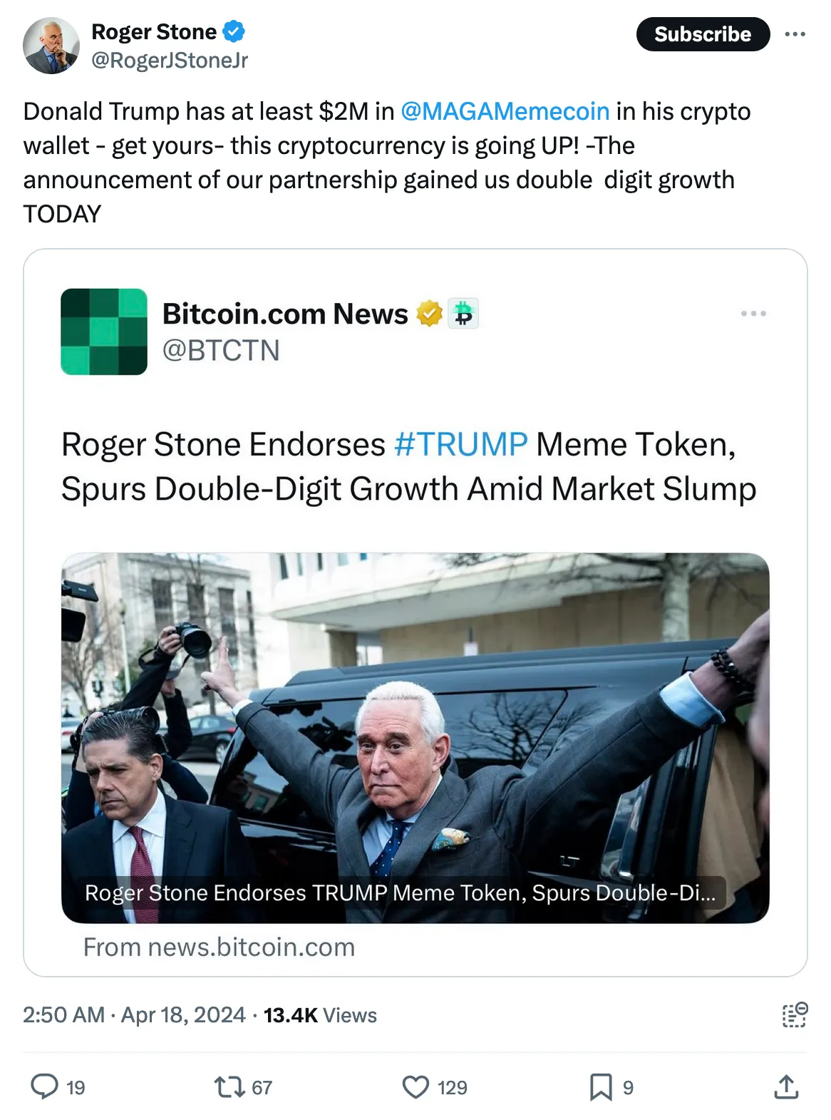 Donald Trump has at least $2M in 
@MAGAMemecoin
 in his crypto wallet - get yours- this cryptocurrency is going UP! -The announcement of our partnership gained us double  digit growth TODAY 
Tweeted at 2:50 AM · Apr 18, 2024